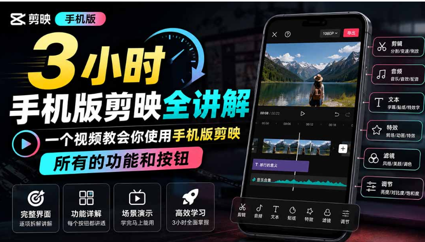 3小时手机版剪映全讲解，一个视频教会你使用手机版剪映，所有的功能和按钮