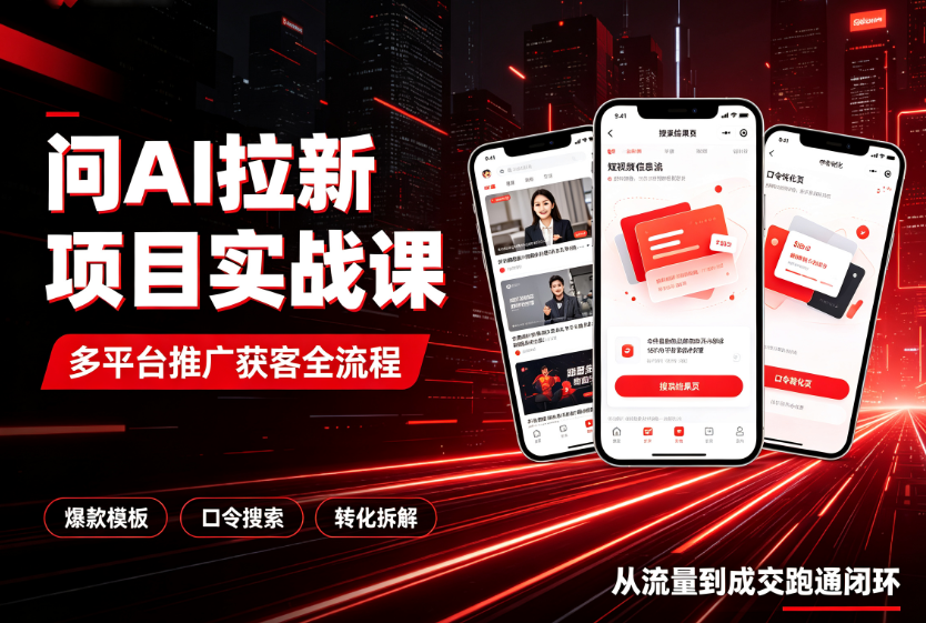 问AI拉新项目实战课快手抖音视频号多平台推广，从爆款模板到口令搜索转化全拆解